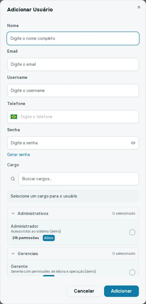 Janela Adicionar Usuário com os campos nome, email, username, telefone, senha com o link Gerar senha e a escolha de cargo, e os botões Cancelar e Adicionar