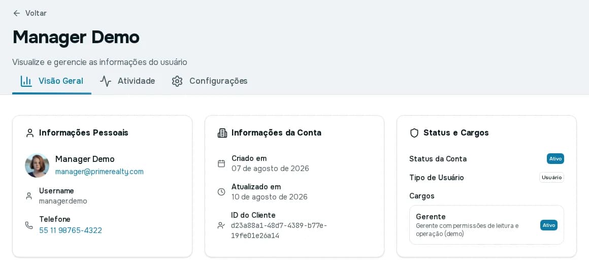Visão Geral do usuário com informações pessoais, informações da conta e status e cargos