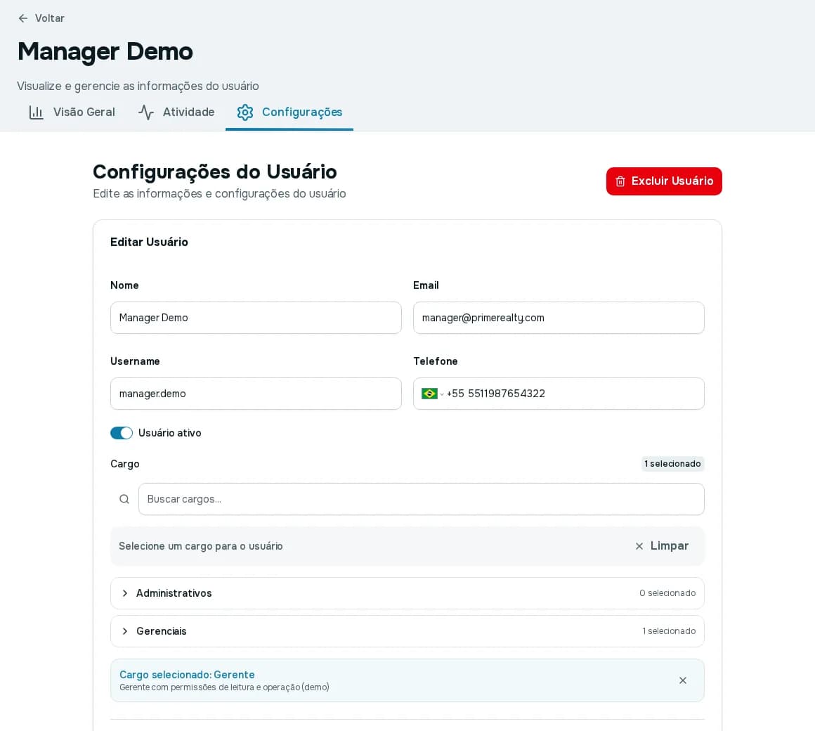 Aba Configurações do usuário com os campos nome, email, username, telefone, o botão Usuário ativo, a escolha de cargo e os botões Salvar Alterações e Limpar Alterações