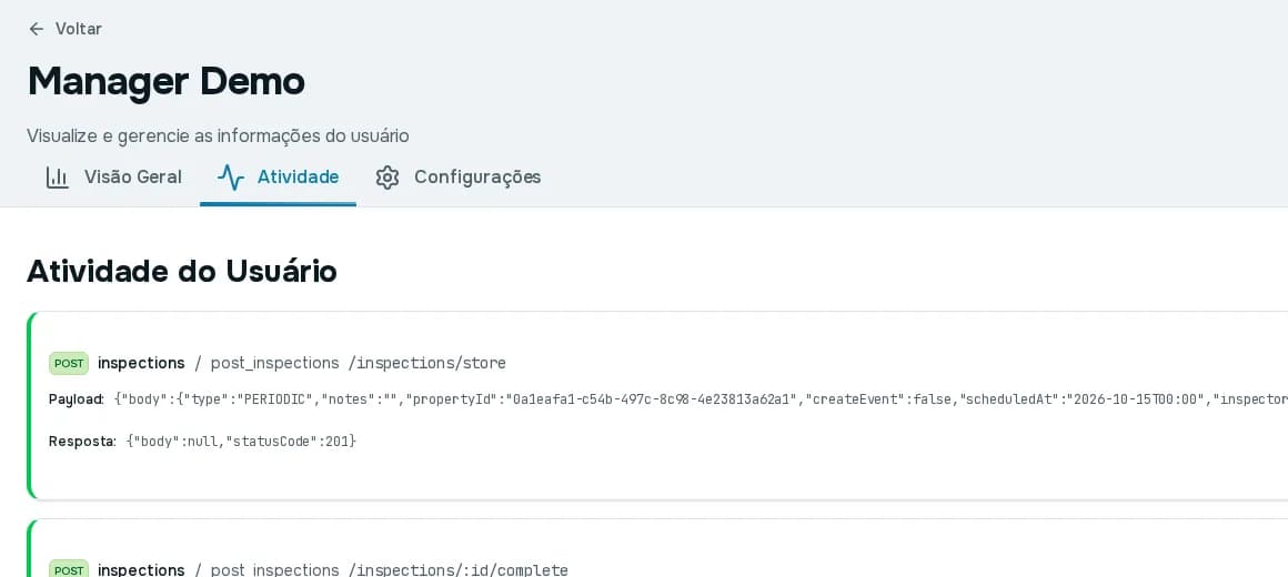 Aba Atividade do usuário listando ações registradas com o método, o módulo, o endereço e a resposta do sistema