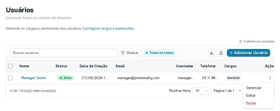 Menu de uma linha da tabela de usuários com as opções Gerenciar, Editar e Excluir