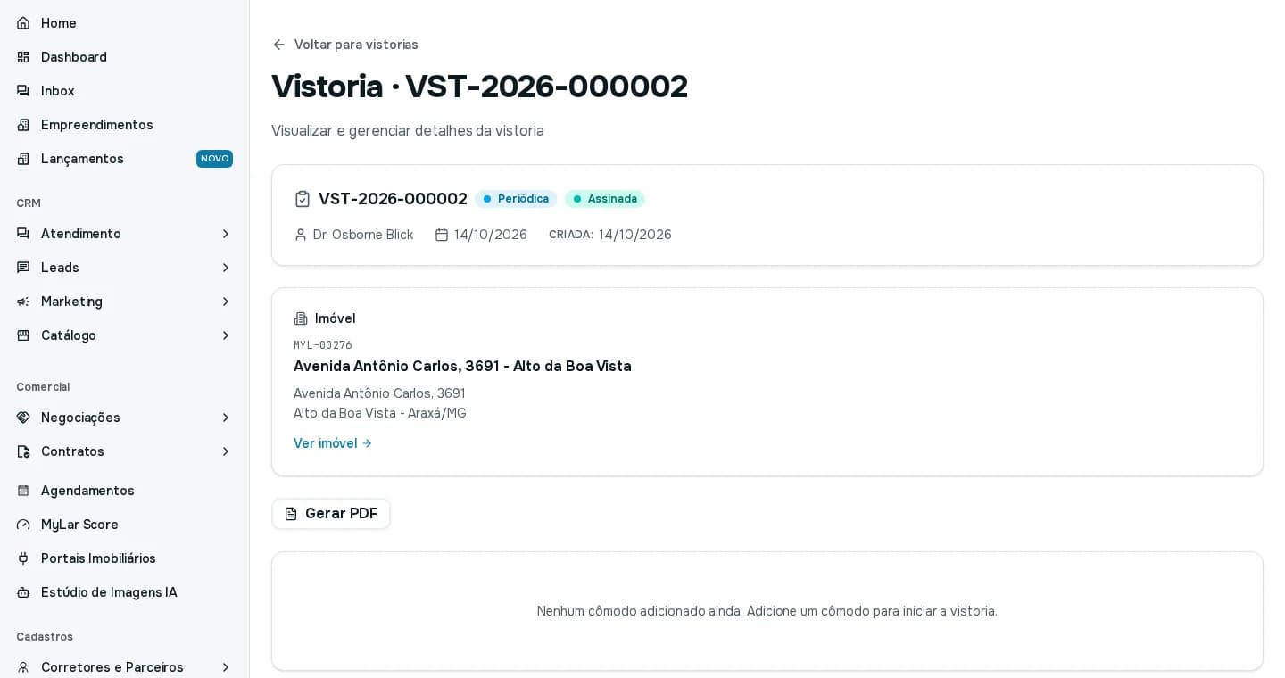 Página de uma vistoria periódica assinada, com o botão Gerar PDF