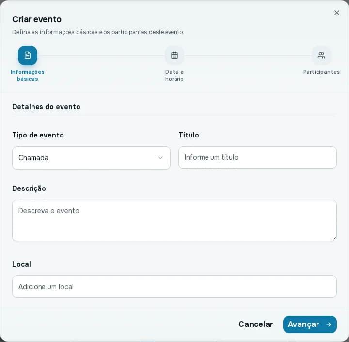 Primeiro passo da janela Criar evento, com tipo de evento, título, descrição e local