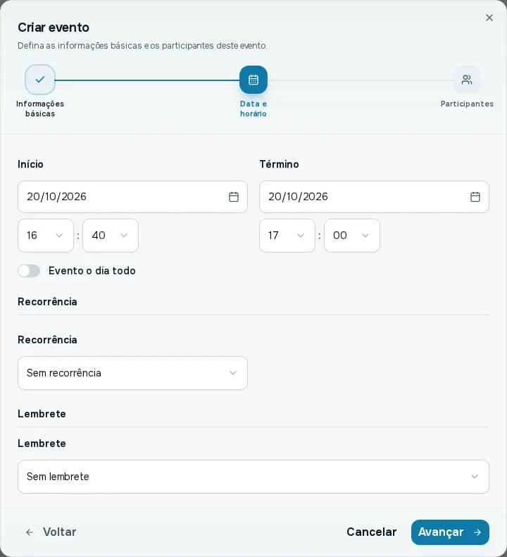 Segundo passo da janela Criar evento, com início, término, evento o dia todo, recorrência e lembrete