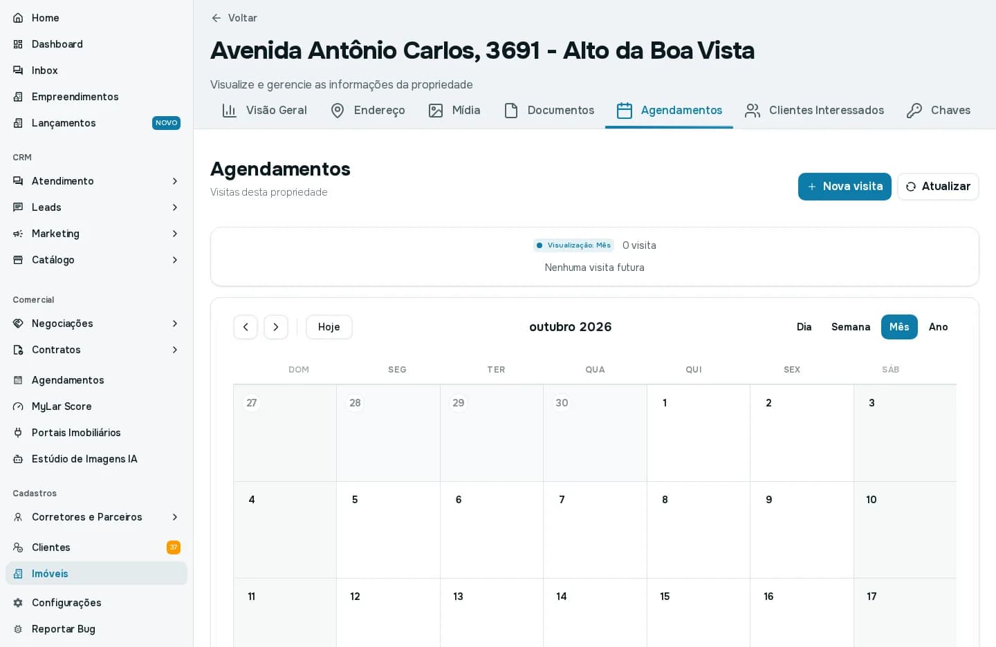 Aba Agendamentos de um imóvel, com o botão Nova visita e o calendário de visitas
