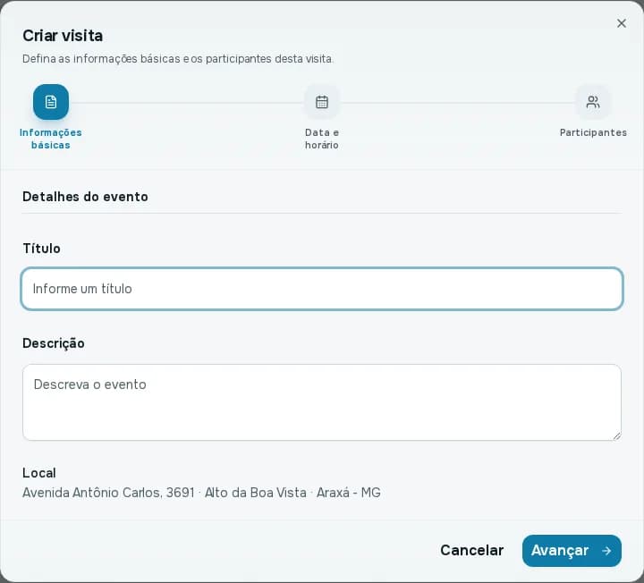 Janela Criar visita com o local preenchido com o endereço do imóvel