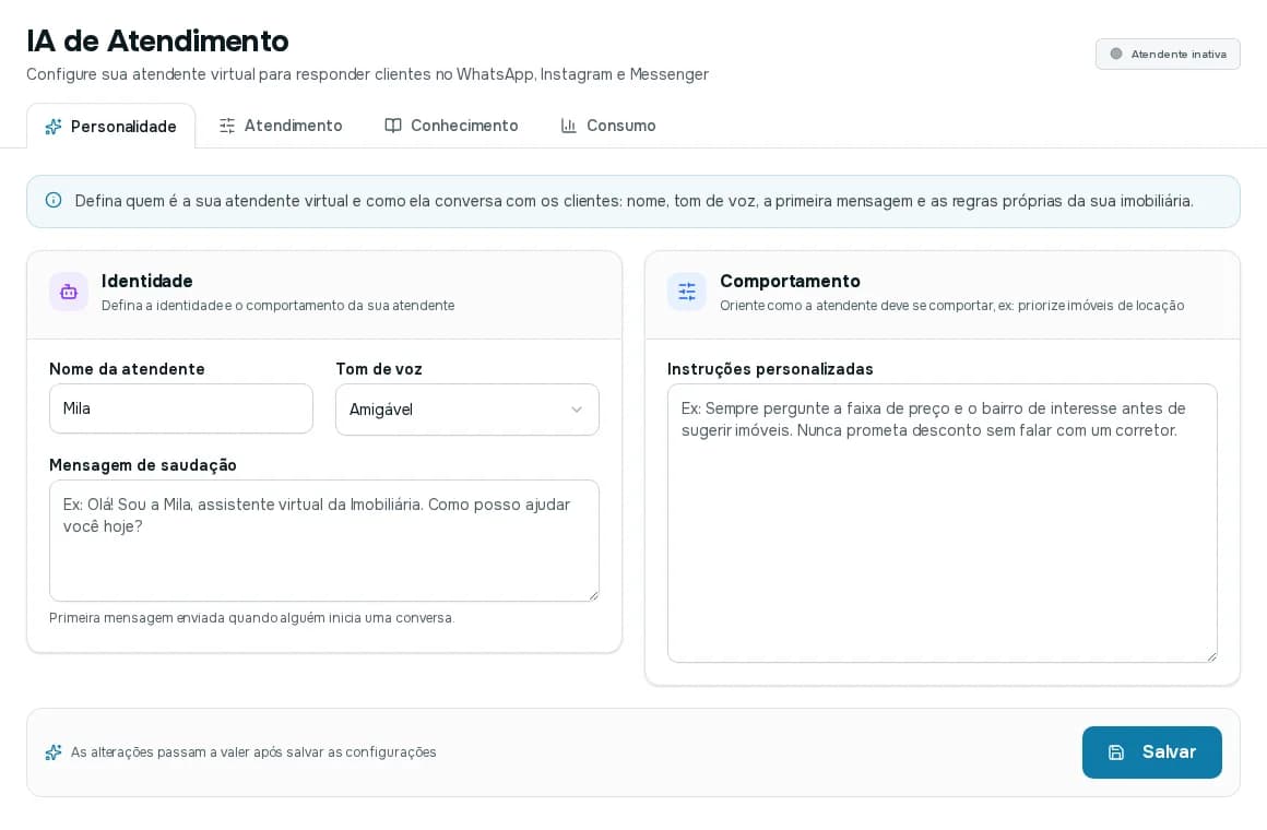 Aba Personalidade com o nome da atendente, o tom de voz, a mensagem de saudação e as instruções personalizadas