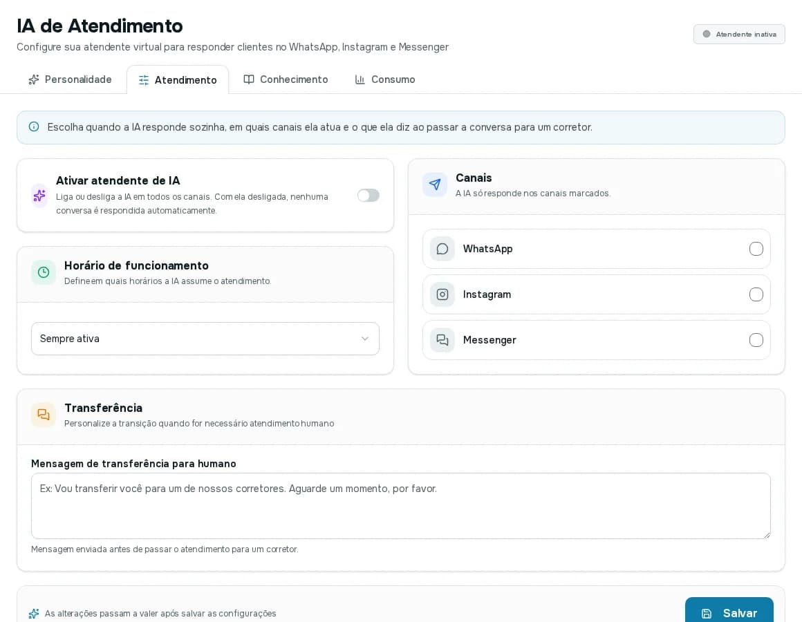 Aba Atendimento com o interruptor Ativar atendente de IA, o horário de funcionamento, os canais e a mensagem de transferência