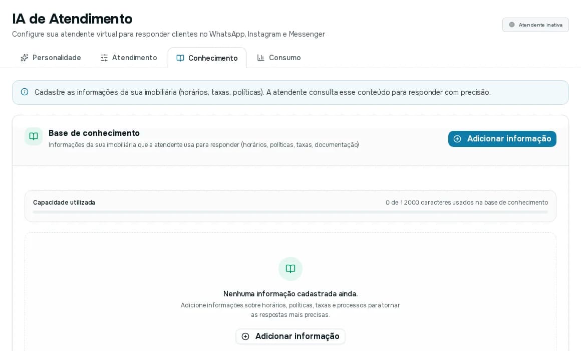 Aba Conhecimento com a base de conhecimento vazia, o botão Adicionar informação e a capacidade utilizada