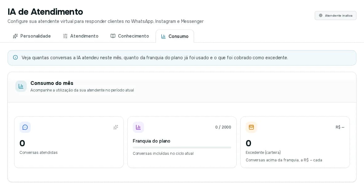 Aba Consumo com as conversas atendidas no mês, a franquia do plano e o excedente da carteira