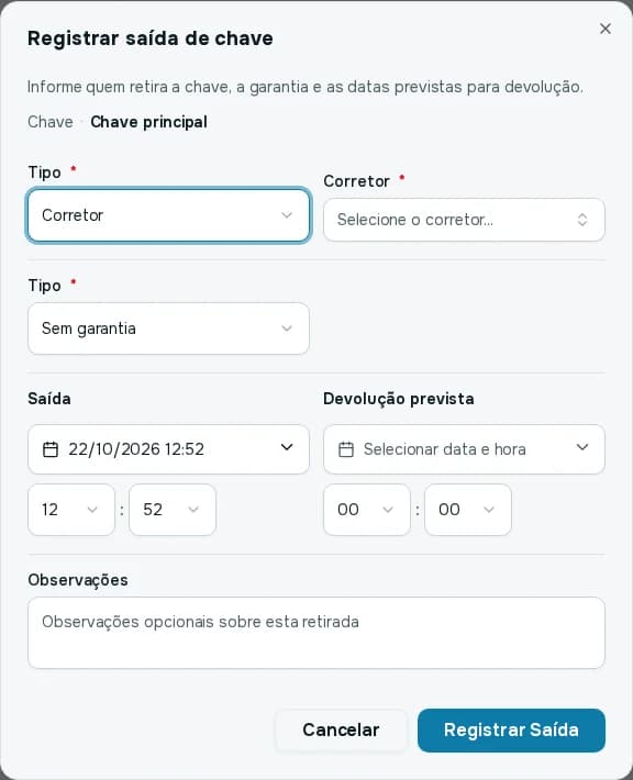 Janela Registrar saída de chave, com o tipo de responsável Corretor, a garantia, as datas de saída e devolução prevista e as observações