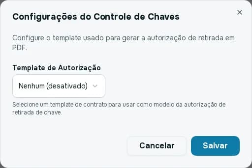 Janela Configurações do Controle de Chaves, com o campo Template de Autorização