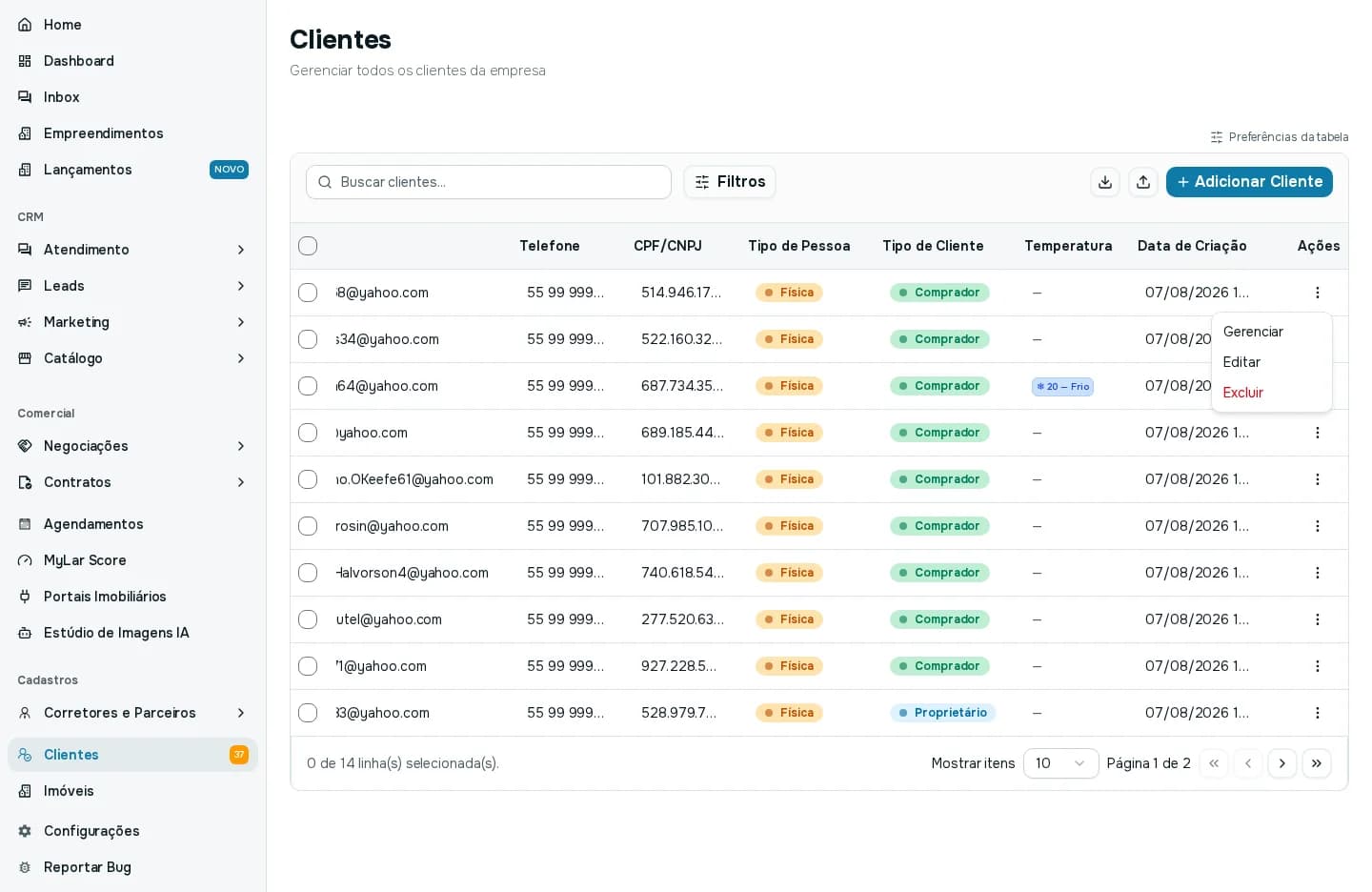 Menu de ações de uma linha da lista de clientes, com as opções Gerenciar, Editar e Excluir