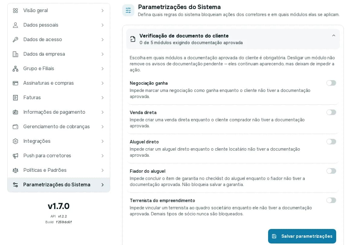 Parametrizações do Sistema com o cartão Verificação de documento do cliente e cinco interruptores