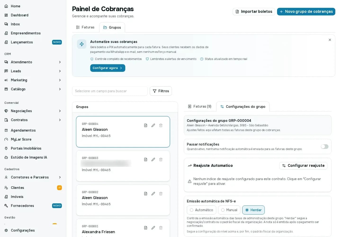 Configurações de um grupo de cobranças, com pausar notificações, reajuste automático e emissão automática de NFS-e