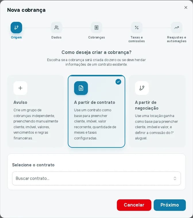 Origem A partir de contrato selecionada, com o campo Selecione o contrato
