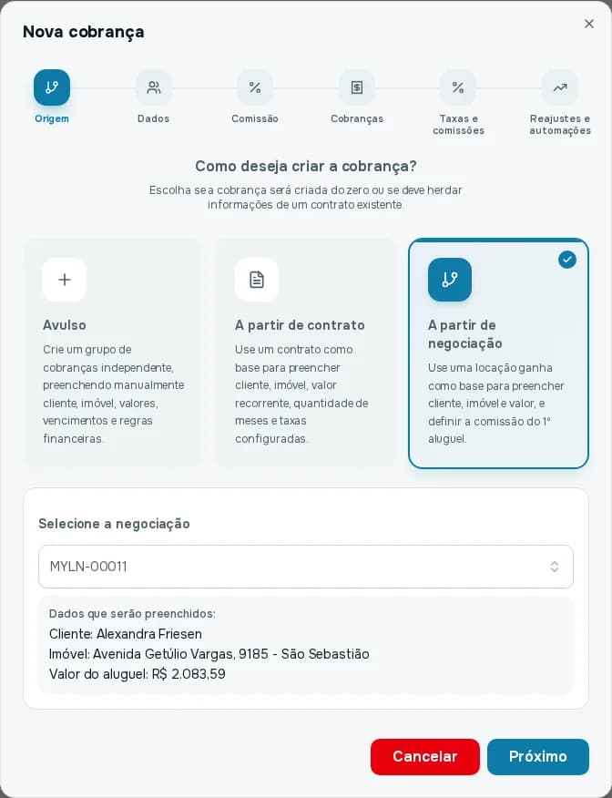Origem A partir de negociação com a negociação MYLN-00011 selecionada e o resumo dos dados que serão preenchidos