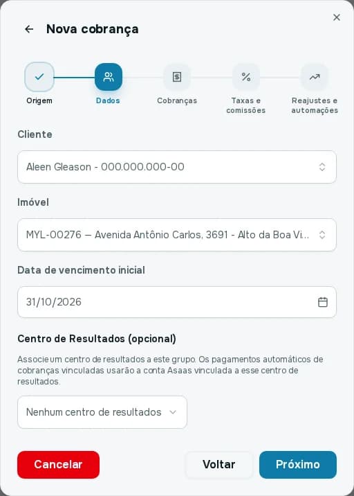Passo Dados no modo avulso, com cliente, imóvel, data de vencimento inicial e centro de resultados preenchidos
