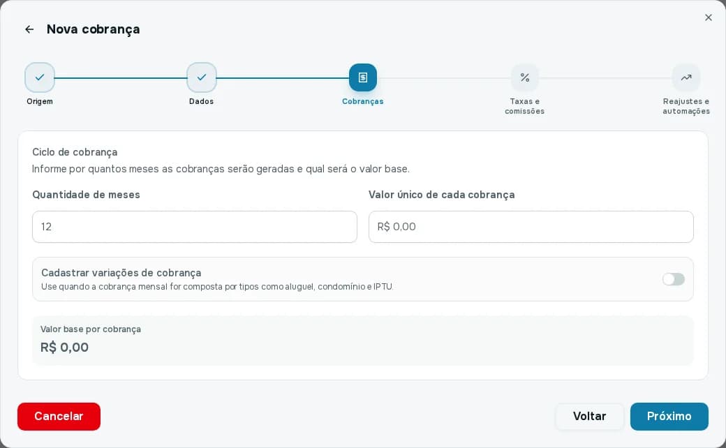 Passo Cobranças com o ciclo de cobrança, a quantidade de meses, o valor único de cada cobrança e as chaves de variações