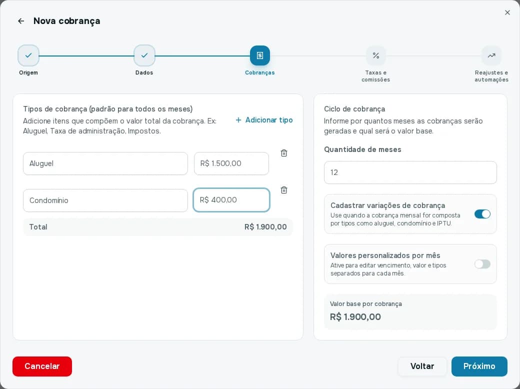Passo Cobranças com a chave Cadastrar variações de cobrança ligada e os itens Aluguel e Condomínio somando 1.900 reais