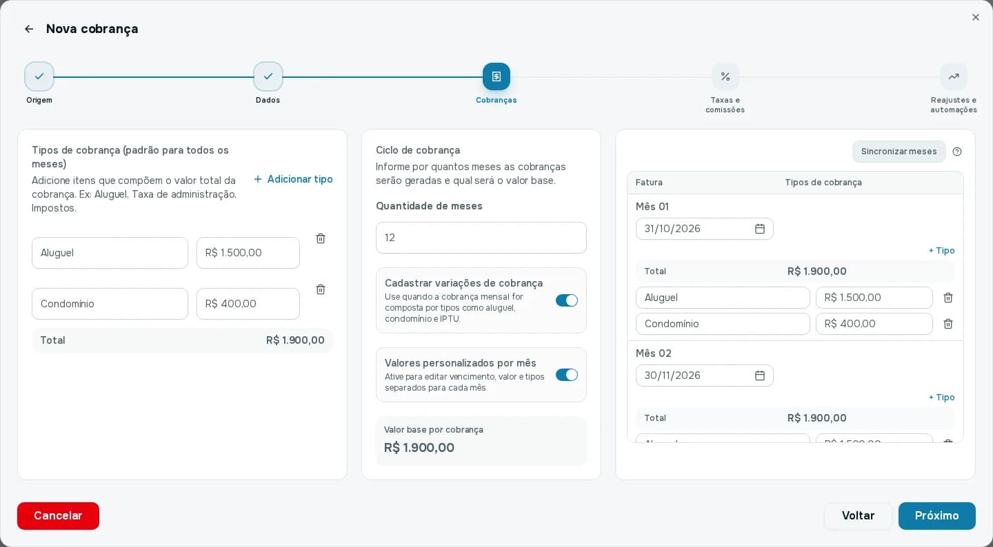 Passo Cobranças com os tipos de cobrança, o ciclo e a grade de valores personalizados por mês, com Mês 01 e Mês 02