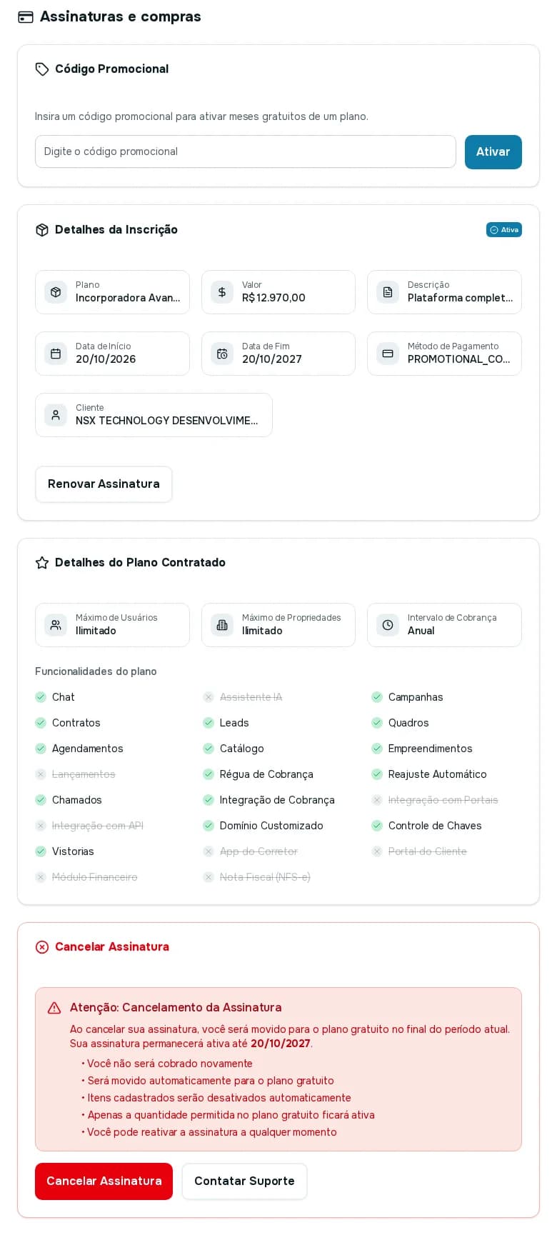 Tela Assinaturas e compras com código promocional, detalhes da inscrição, detalhes do plano contratado com funcionalidades e o bloco Cancelar Assinatura