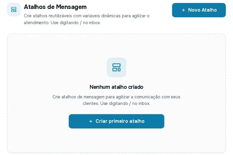 Tela Atalhos de Mensagem vazia, com o botão Novo Atalho e Criar primeiro atalho