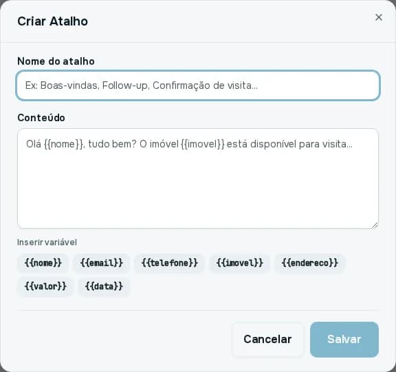 Janela Criar Atalho com o nome, o conteúdo e os botões de variáveis nome, email, telefone, imovel, endereco, valor e data