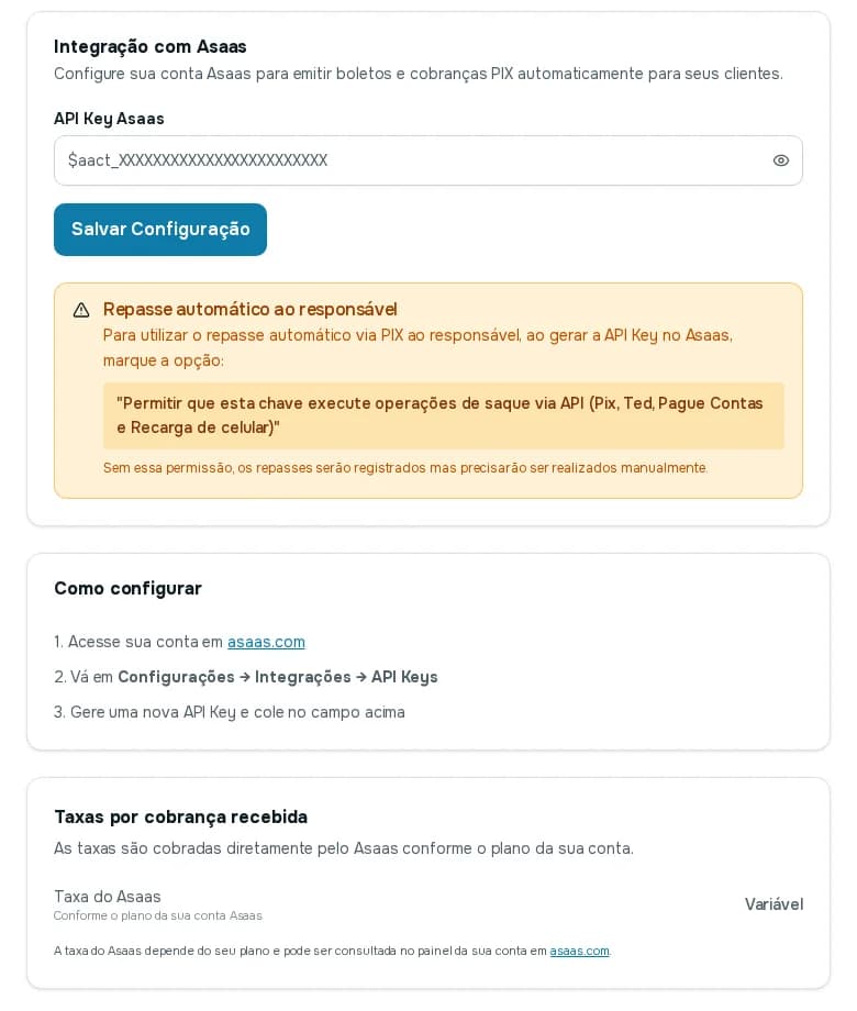 Integração com Asaas com o campo API Key, o botão Salvar Configuração, o aviso sobre repasse automático e as instruções de como configurar
