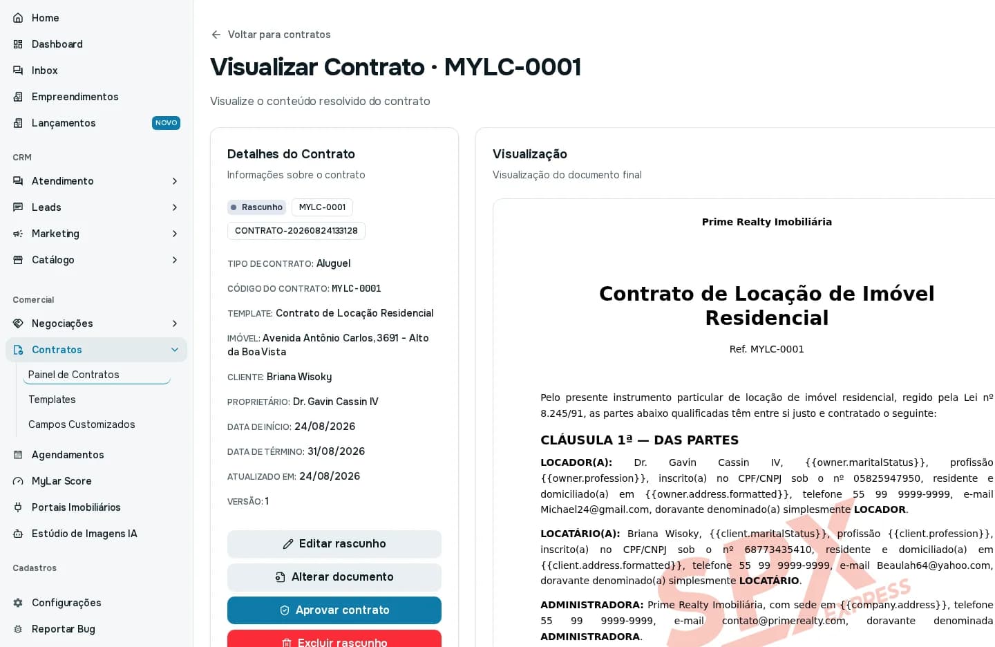 Página de um contrato em rascunho, com os detalhes à esquerda, os botões Editar rascunho, Alterar documento, Aprovar contrato e Excluir rascunho, e a visualização do documento