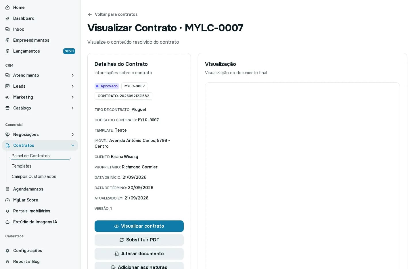 Página de um contrato aprovado, com os botões Visualizar contrato, Substituir PDF, Alterar documento, Adicionar assinaturas e Cancelar contrato