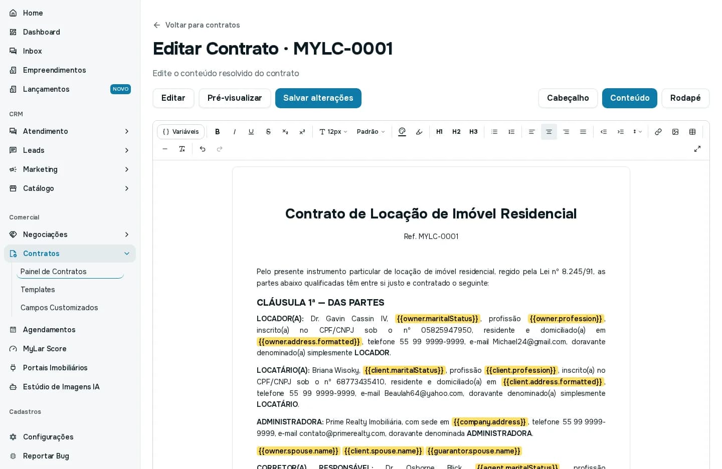 Editor de um contrato em rascunho, com as variáveis sem dado destacadas em amarelo