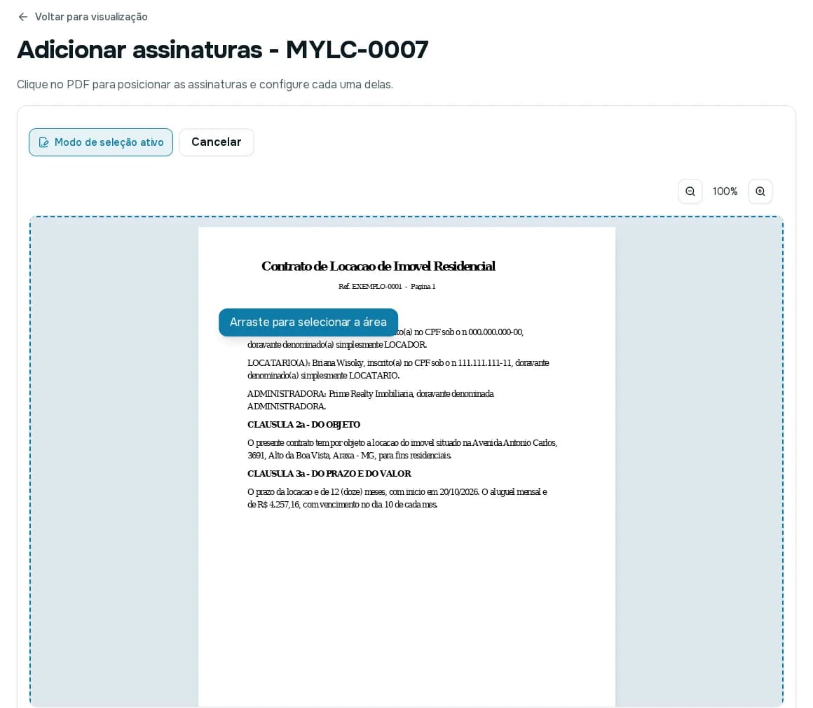 Tela Adicionar assinaturas com o modo de seleção ativo e a mensagem Arraste para selecionar a área sobre o PDF
