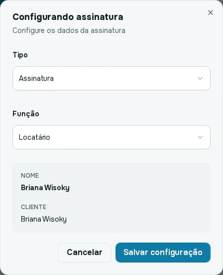 Janela Configurando assinatura com os campos Tipo e Função e os dados da pessoa