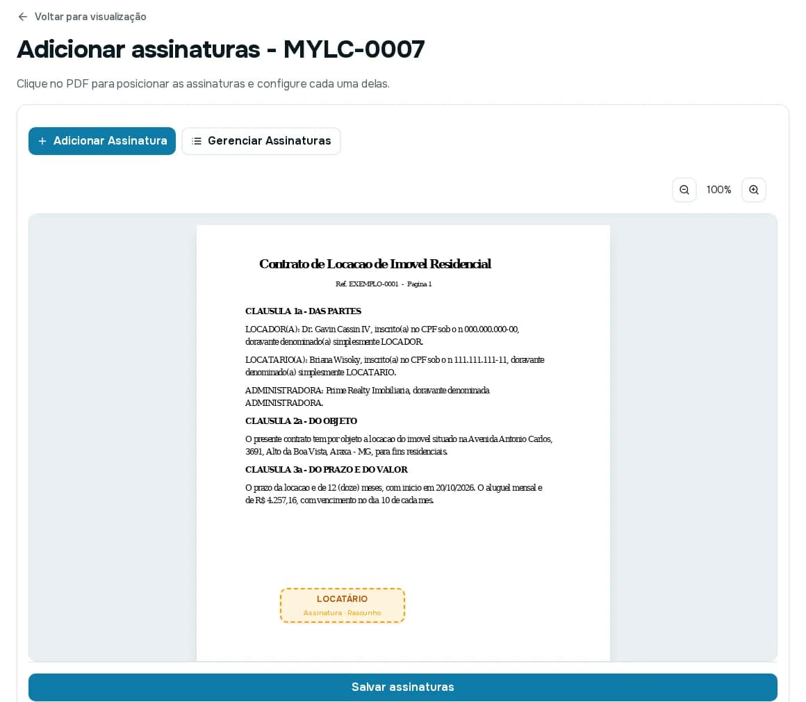 PDF do contrato com uma caixa de assinatura do locatário posicionada, marcada como Rascunho, e o botão Salvar assinaturas