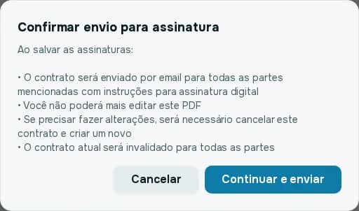 Janela Confirmar envio para assinatura com os avisos sobre o envio por e-mail e a impossibilidade de editar o PDF