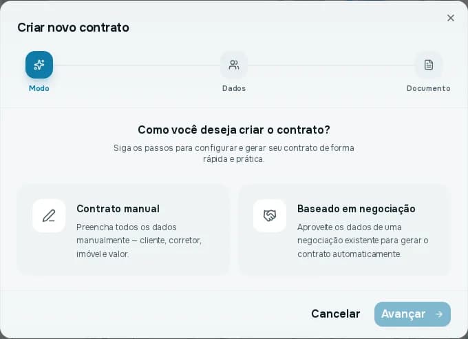 Primeiro passo do assistente Criar novo contrato, com as opções Contrato manual e Baseado em negociação
