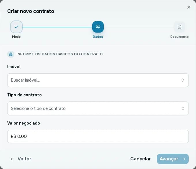 Passo Dados do contrato manual, com imóvel, tipo de contrato e valor negociado