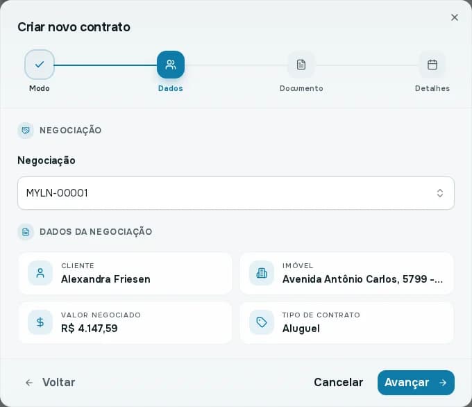 Passo Dados com uma negociação selecionada e os dados de cliente, imóvel, valor negociado e tipo de contrato