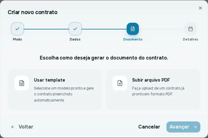 Passo Documento com as opções Usar template e Subir arquivo PDF