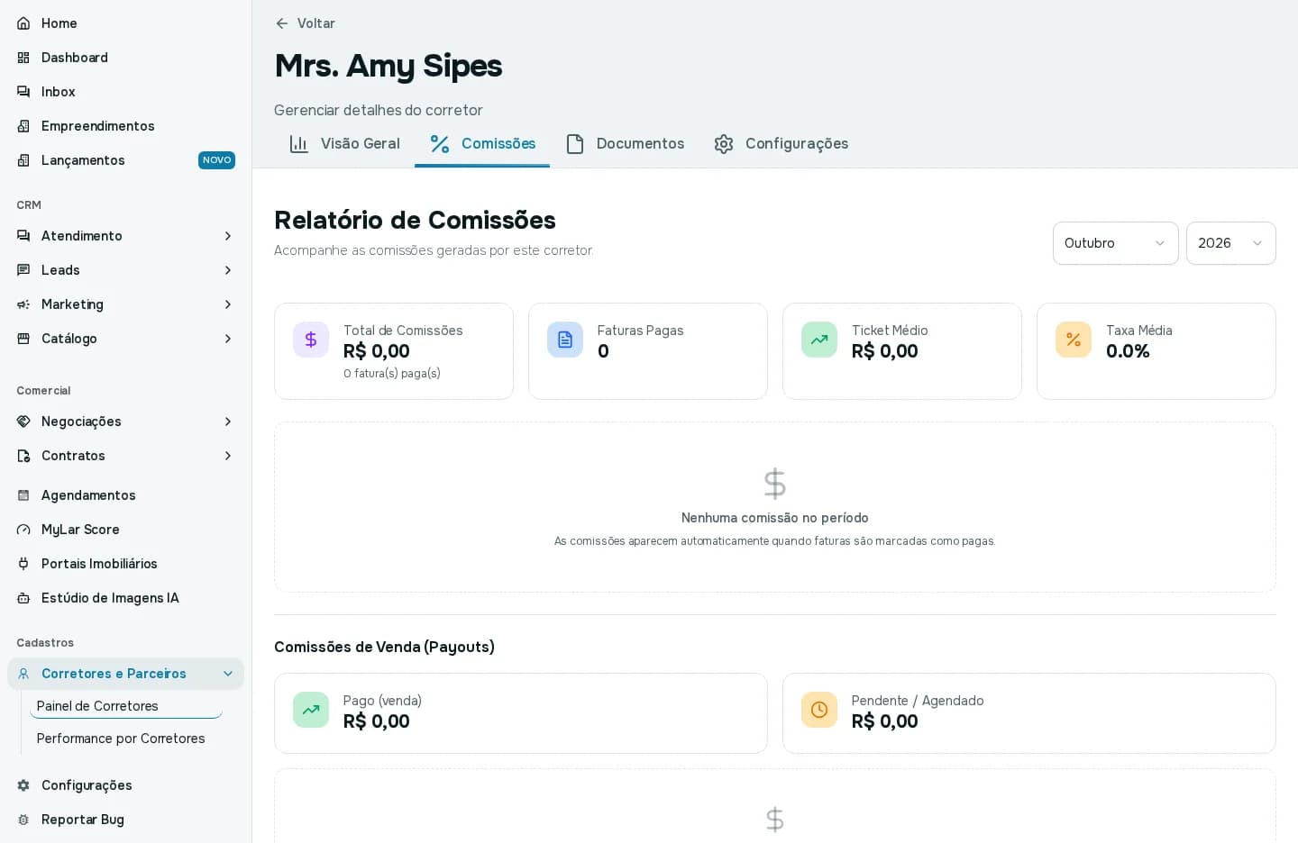 Aba Comissões com o relatório do mês, total de comissões, faturas pagas, ticket médio e taxa média