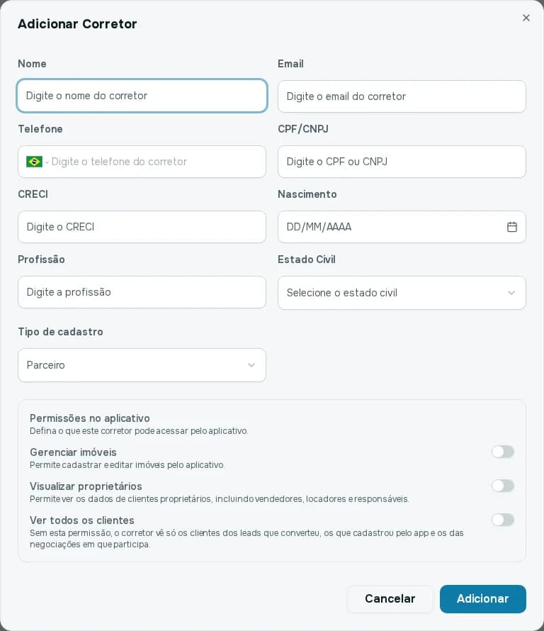 Janela Adicionar Corretor com nome, e-mail, telefone, CPF ou CNPJ, CRECI, nascimento, profissão, estado civil e tipo de cadastro
