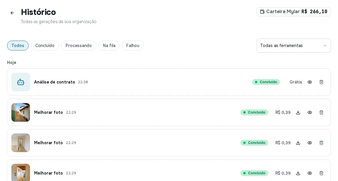 Tela Histórico com a lista das gerações da Mila AI, com data, situação e valor