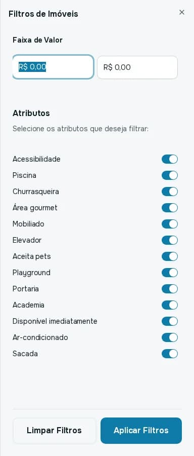 Painel Filtros de Imóveis com a Faixa de Valor, a lista de Atributos e os botões Limpar Filtros e Aplicar Filtros