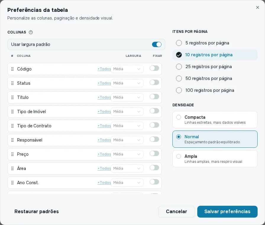 Janela Preferências da tabela com as colunas, os itens por página e a densidade