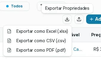 Menu de exportação com as opções Excel, CSV e PDF