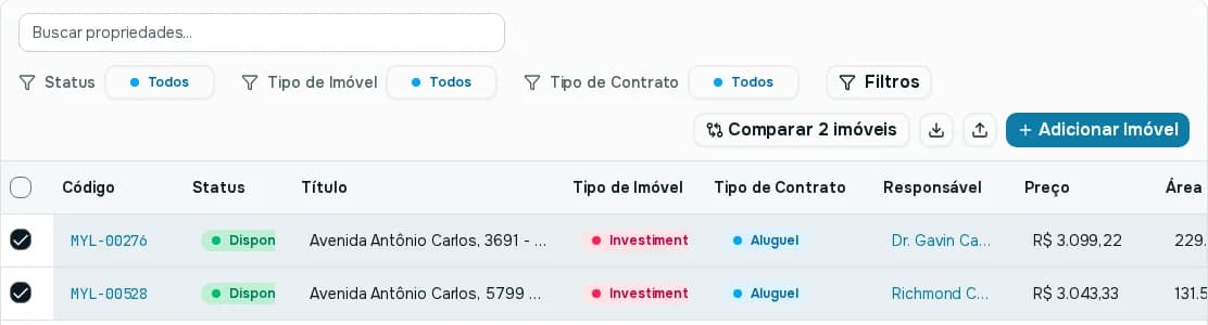 Dois imóveis marcados na lista e o botão Comparar 2 imóveis
