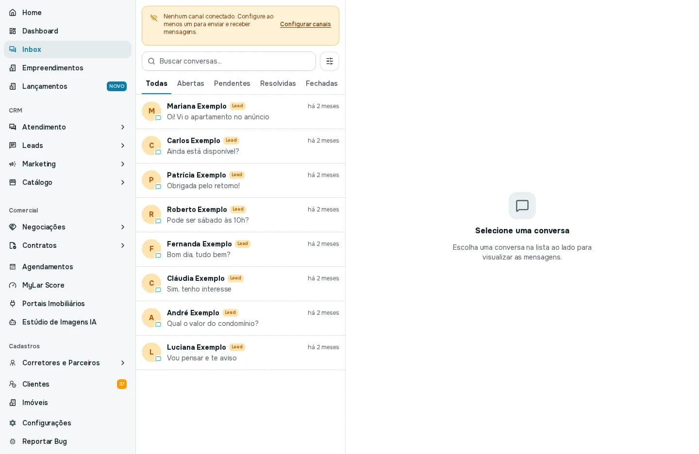 Tela Inbox com a lista de conversas à esquerda, as abas Todas, Abertas, Pendentes, Resolvidas e Fechadas e o aviso de canal não conectado