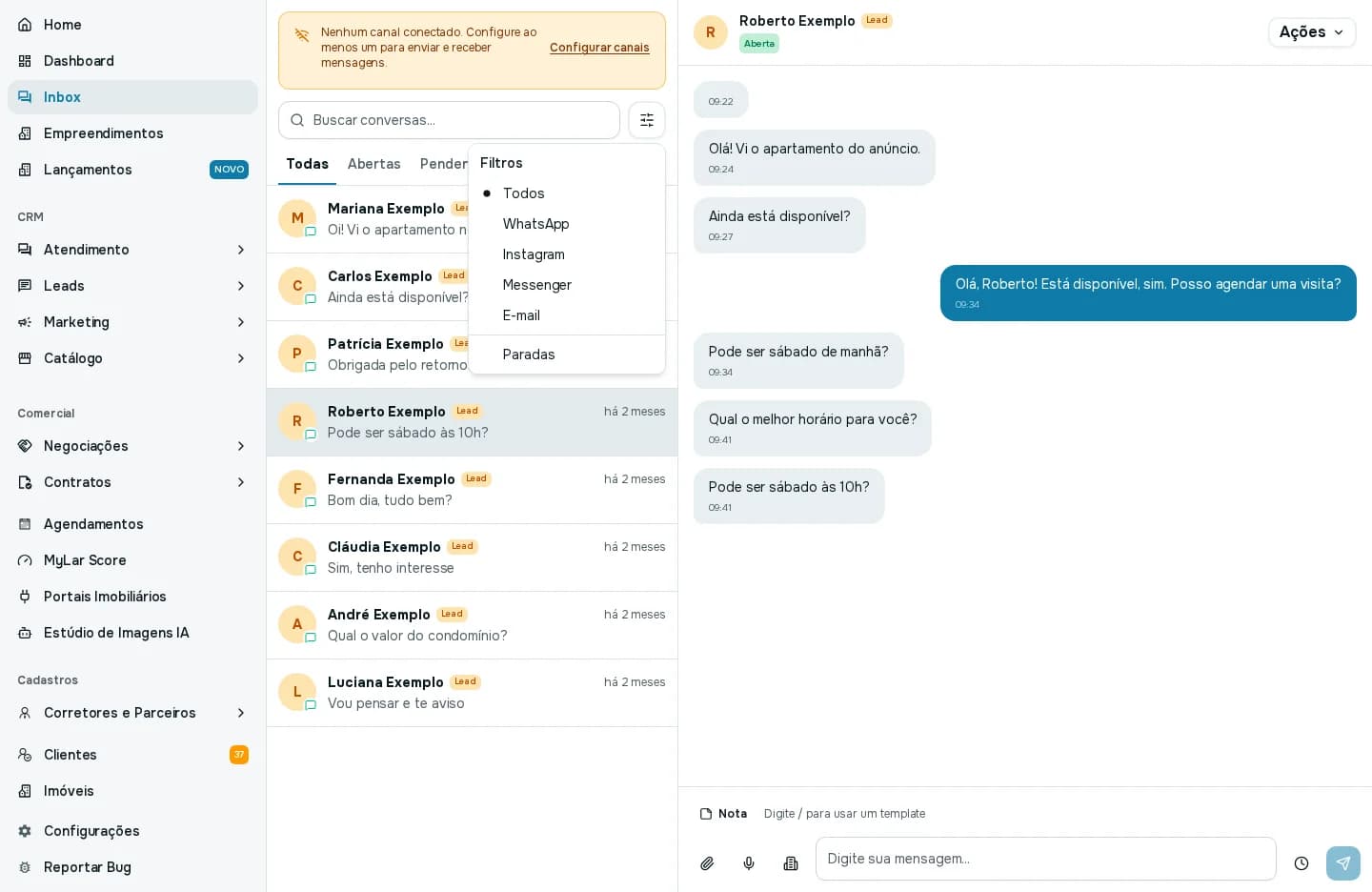Inbox com o menu de filtros aberto, com as opções Todos, WhatsApp, Instagram, Messenger, E-mail e Paradas
