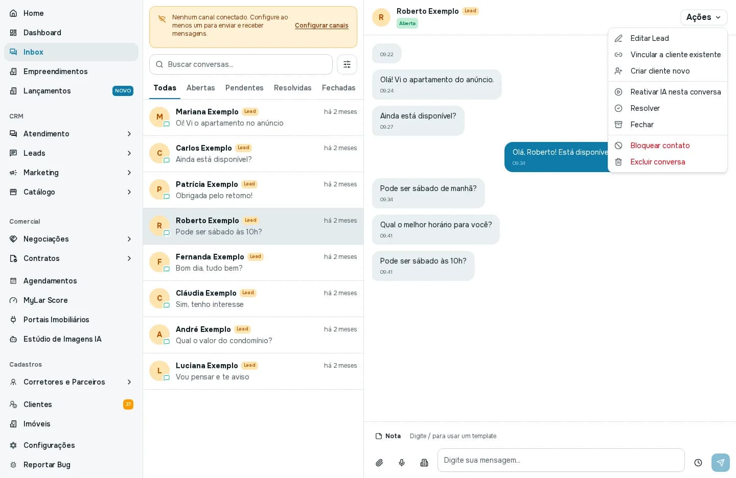 Menu Ações de uma conversa, com Editar Lead, Vincular a cliente existente, Criar cliente novo, Reativar IA nesta conversa, Resolver, Fechar, Bloquear contato e Excluir conversa